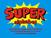 Comical halftone style alphabet design with uppercase, lowercase, numbers and symbols