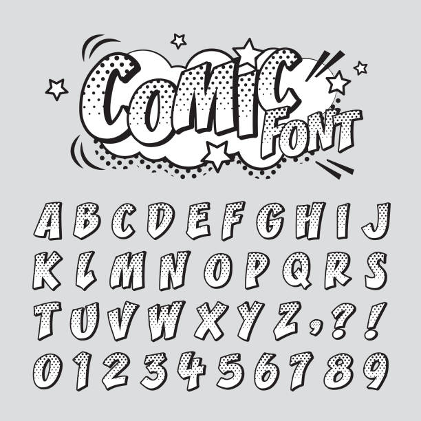 Comic font_BW Comic retro font in halftone black & white colour. Alphabet & number in style of comics, pop art for title, headline, poster, comics, colouring book or banner design. Cartoon typography collection. quote coloring pages stock illustrations