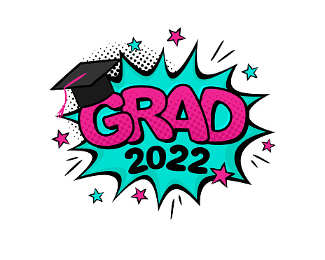 Comic grad logo sticker for 2022. Emotions badge in pop art style.