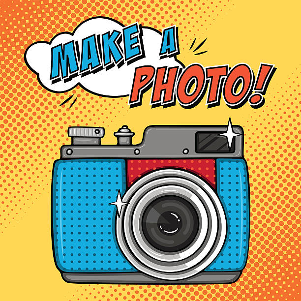 ilustraciones, imágenes clip art, dibujos animados e iconos de stock de comic ilustración con cámara de fotos al estilo de arte pop - camera flash