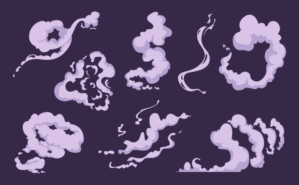 Comic smoke. Cartoon smell explosion vfx clouds of wind vector set Comic smoke. Cartoon smell explosion vfx clouds of wind vector set. Smoke cloud and fog steam effect, motion vapor illustration electronic cigarette stock illustrations