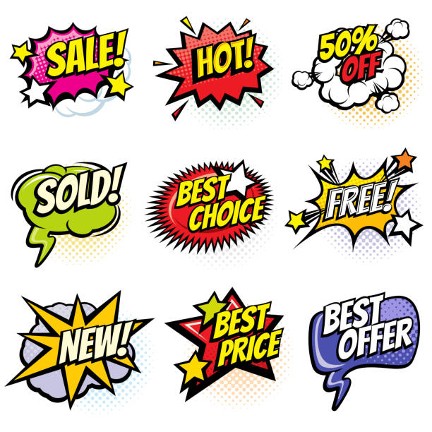 Comic speech bubbles with promo words. Discount, sale and shopping cartoon banners vector set Comic speech bubbles with promo words. Discount, sale and shopping cartoon banners vector set. Discount label and best offer illustration free commercial use stock illustrations