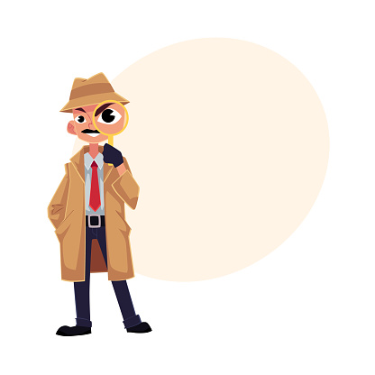 Comic style detective character looking through magnifying glass, cartoon vector illustration with space for text. Full length portrait of funny detective character looking through magnifier vector
