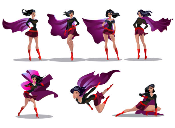 Comic superwoman actions in different poses. Female superhero vector cartoon characters. Illustration of superhero woman cartoon Comic superwoman actions in different poses. Female superhero vector cartoon characters. Illustration of superhero woman cartoon, character female heroic superwoman stock illustrations