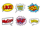 Comic text collection. Comic Bubbles Set. Comic speech bubbles set with different emotions and text Like, thank you, cool, bingoo, splat, why