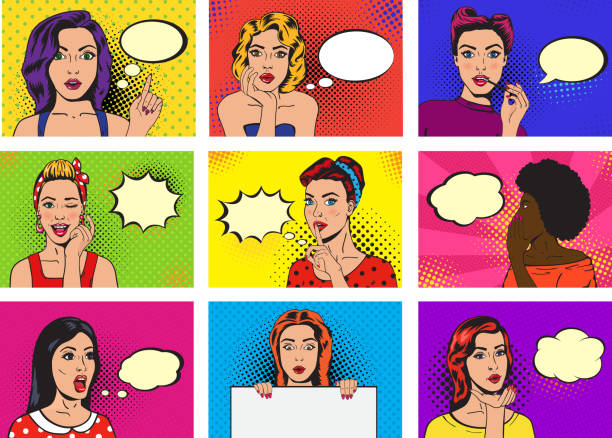 Comic woman vector popart cartoon girl character speaking bubble speech or comicgirl illustration female set of beautiful lady pinup with pretty face in fashion style on background Comic woman vector popart cartoon girl character speaking bubble speech or comicgirl illustration female set of beautiful lady pinup with pretty face in fashion style on background. pin up girl stock illustrations