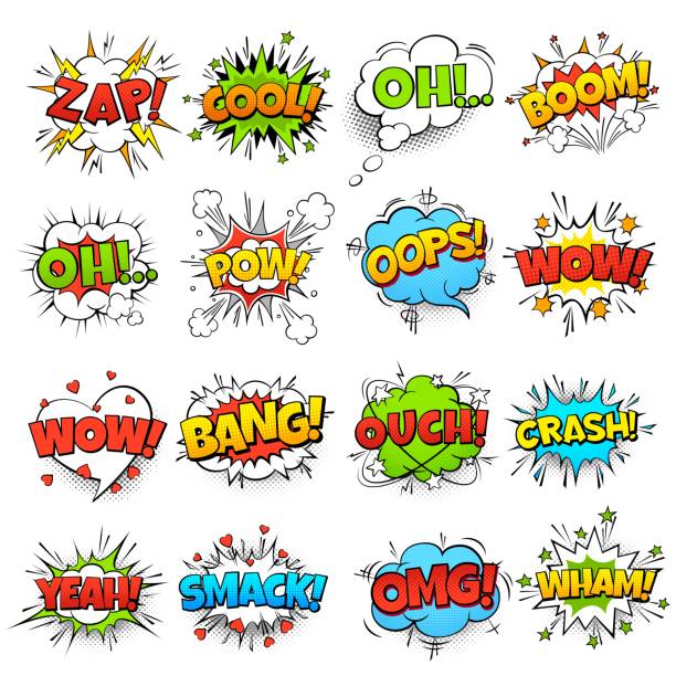 Comic words. Cartoon speech bubble with zap pow wtf boom text. Comics pop art balloons vector set Comic words. cartoon boom crash speech bubble funny elements and kids sketch stickers vector set awe stock illustrations