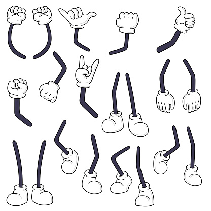 Comical hands and legs collection. Funny cartoon arms in gloves and feet in shoes performing various gestures and actions. Vector illustration for body language, comics, artwork
