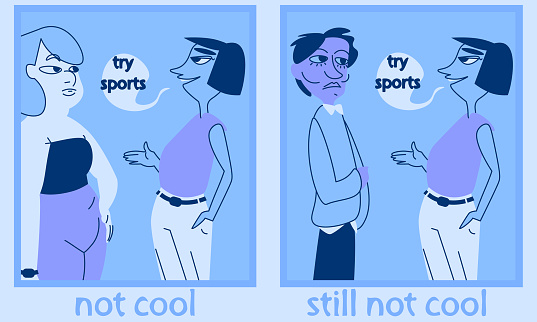 Comics about fat shaming in unasked advice with gender neutral characters