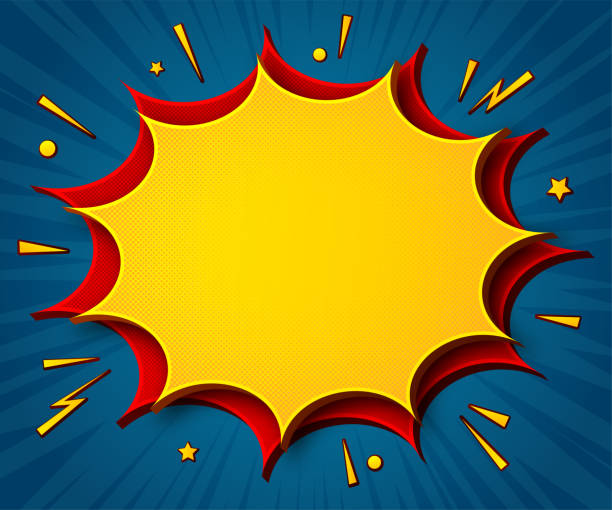 Comics background. Cartoon poster in pop art style with yellow-red speech bubbles with halftone and sound effects. Comics background. Cartoon poster in pop art style with yellow-red speech bubbles with halftone and sound effects. Funny colorful banner with place for text on blue backdrop with radial stripes superhero stock illustrations