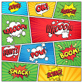 Comics page. Comic book grid frame, funny oops bam smack text burst speech bubbles, bubble pack explosion on color stripes cover retro background colorful vector layout template