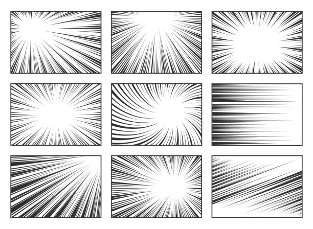 Comics speed line black and white vector illustrations set Comics speed line black and white vector illustrations set. Horizontal, radial and diagonal speed trace lines isolated on white background. Manga style comics book bang, explosion sketch illustration speed drawings stock illustrations