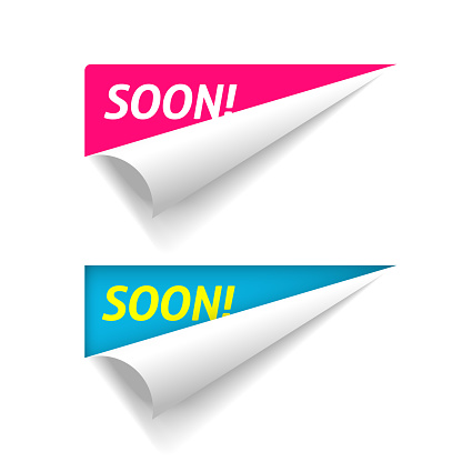 Coming soon banner on corner peel flip paper fold vector, new product release advertising folded sticker, twisted up advertising and promotional message blue red color