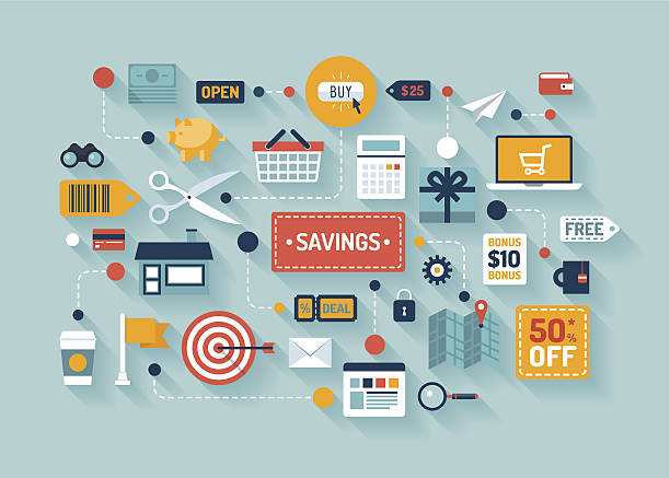 Commerce and marketing elements illustrations Flat design vector illustration concept with icons of retail commerce and marketing elements such as promotion, coupon, discount and various shopping and money economy sign and symbol. Isolated on stylish color background coupon illustrations stock illustrations