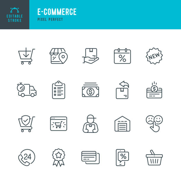 E - Commerce - thin linear vector icon set. Editable stroke. Pixel perfect. The set contains icons such as Shopping, E-Commerce, Store, Cashback, Discount, Shopping Cart, Delivering, Courier and so on. E - Commerce & Shopping - thin linear vector icon set. Editable stroke. Pixel Perfect. 20 linear icon. The set contains icons such as Shopping, E-Commerce, Basket, Store, Cashback, Discount, Shopping Cart, Delivering, Credit Card, Courier, Money, Refund, Support, Warehouse and so on. shopping icons stock illustrations