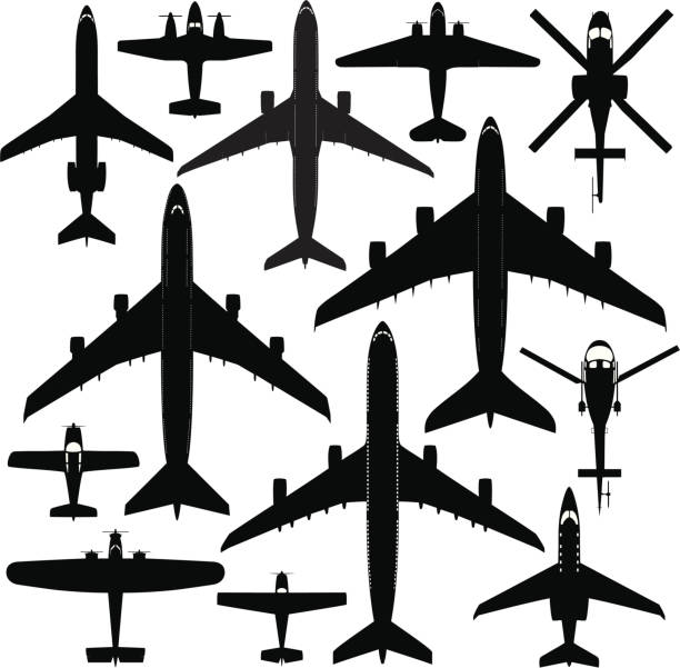 Commercial Aircrafts Various detailed civilian aircrafts with windows. airplane silhouettes stock illustrations