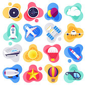 Commercial airline travel liquid flat flow style concept symbols. Flat design vector icons set for infographics, mobile and web designs.
