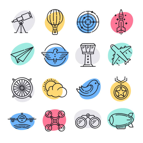 Commercial Aviation Doodle Style Vector Icon Set Modern commercial aviation doodle style concept outline symbols. Line vector icon sets for infographics and web designs. drone patterns stock illustrations
