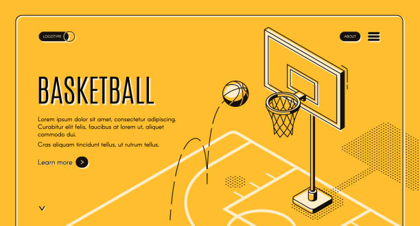 Commercial basketball court vector landing page Basketball team, sport club black line art, isometric vector web banner, web site template with ball jumping on court in hoop illustration. Basketball championship, sport game tournament landing page basketball court stock illustrations