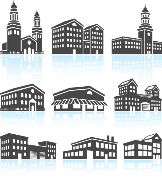 Commercial Buildings Black & White Set Commercial Buildings Black & White Set college campus stock illustrations