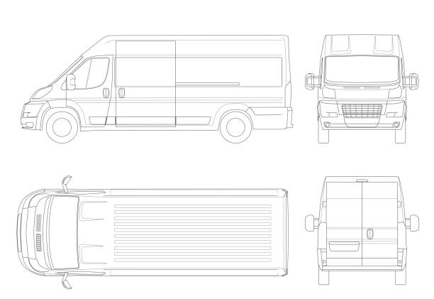 Commercial vehicle or Logistic car outline. Cargo minivan isolated on white background. View front, rear, side, top. All elements in groups on separate layers Commercial vehicle or Logistic car in lines. Cargo minivan isolated on white background. View front, rear, side, top. All elements in groups on separate layers. mini van stock illustrations