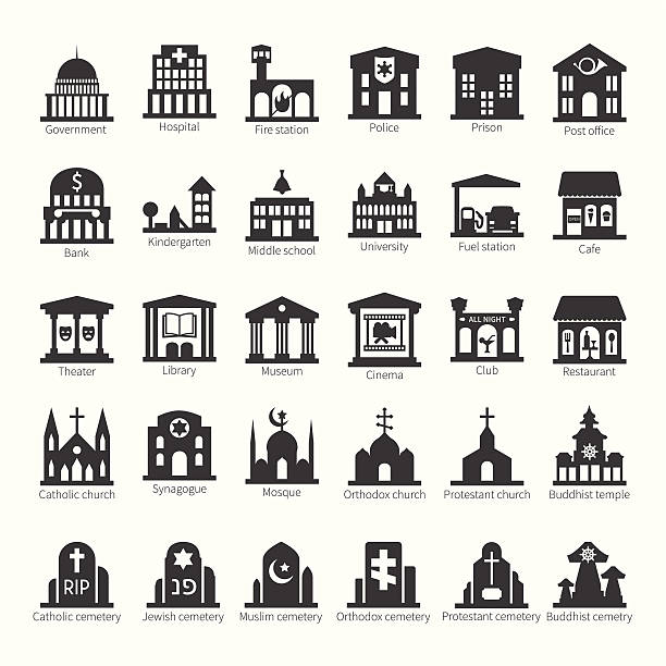 Common buildings and places vector icon set Common buildings and places like government police hospital church cafe bank restaurant theater cinema fuel station night club temple sinagogue cemetery vector icon set synagogue stock illustrations