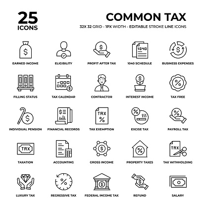 Common Tax Vector Style Thin Line Icons on a 32 pixel grid with 1 pixel stroke width. Unique Style Pixel Perfect Icons can be used for infographics, mobile and web and so on.