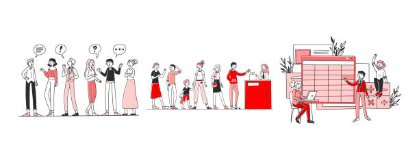 Communication in society set Communication in society set. People talking with speech bubbles, queue at checkout, classroom. Flat vector illustrations. Public place, talk concept for banner, website design or landing web page characters illustrations stock illustrations