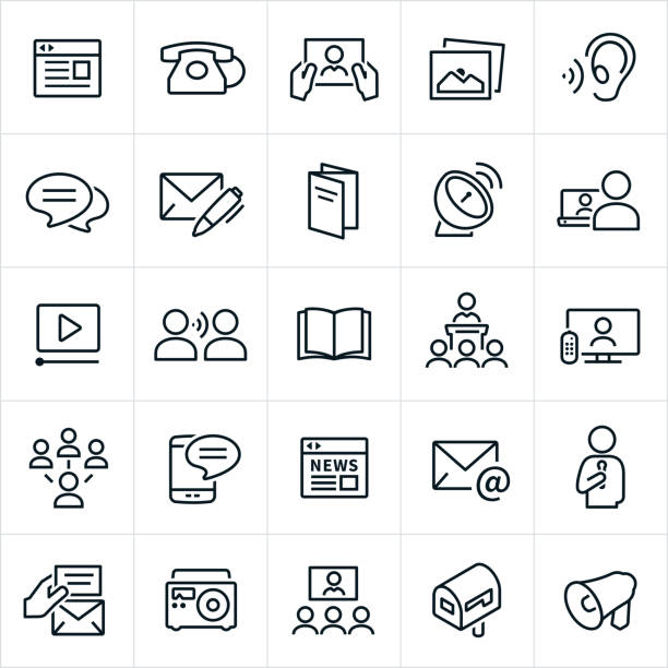Communication Methods Icons A set of communication icons. The icons include a website, telephone, tablet pc, picture, ear, blog, chat, letter, brochure, satellite dish, laptop, computer, video, word of mouth, book, magazine, lecture, presentation, television, social media, SMS, texting, smartphone, online news, email, speaker, invitation, radio, video conference, direct mail and bullhorn. video call photos stock illustrations