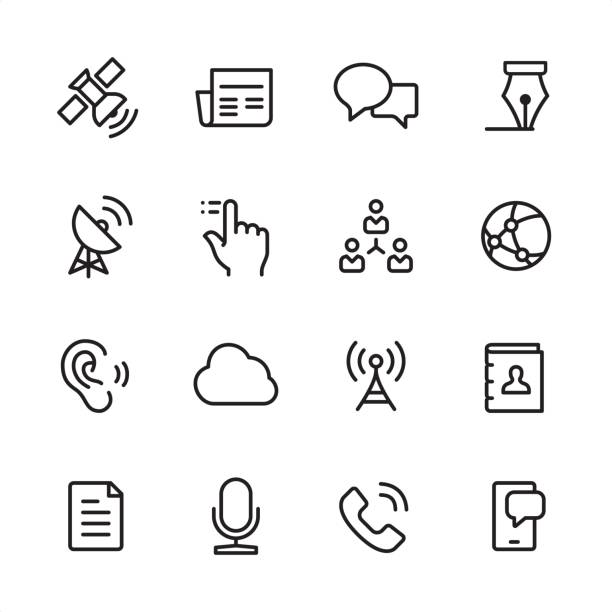 Communication - outline icon set 16 line black and white icons / Set #23 newspaper symbols stock illustrations