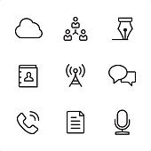 Communication icons set #44
Specification: 9 icons, 48x48 pх, stroke weight 2 px.
Features: Pixel Perfect, Single line, Black stroke color.

First row of icons contains:
Cloud, Group of People, Nib icon;

Second row contains:
Personal Organizer, Communications Tower, Speech Bubble;

Third row contains:
Telephone, List, Microphone.

Complete Ninico Black collection - https://www.istockphoto.com/collaboration/boards/_8J4wyhRq0-n06eRHvpGzA