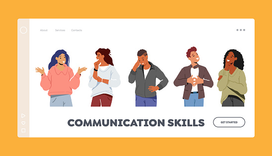 Communication Skills Landing Page Template. People Communicating, Young Men and Women Speaking, Chatting to Each Other