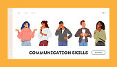 Communication Skills Landing Page Template. People Communicating, Young Men and Women Speaking, Chatting to Each Other, Communicate, Discussing and Make Decisions. Cartoon Vector Illustration