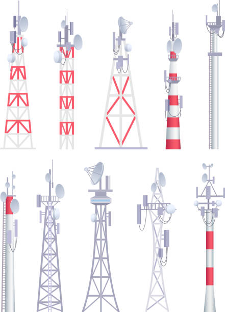 Communication tower. Cellular broadcasting tv wireless radio antena satellite construction vector pictures in cartoon style Communication tower. Cellular broadcasting tv wireless radio antena satellite construction vector pictures in cartoon style. Illustration of tower for radio communication, satellite antena animal antenna stock illustrations