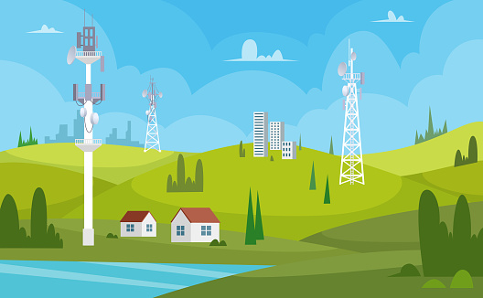 Communication towers. Wireless antennas cellular wifi radio station broadcasting internet channel receiver vector cartoon background