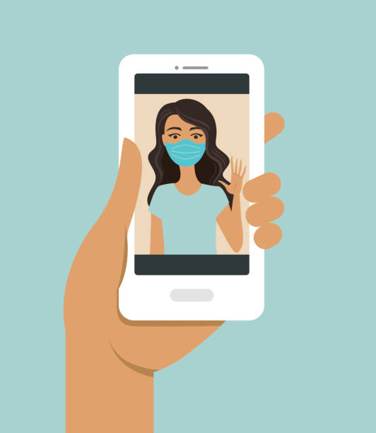 illustrations, cliparts, dessins animés et icônes de communication avec votre ami proche d’un membre de la famille en ligne lors de l’épidémie de covid-19 - selfie