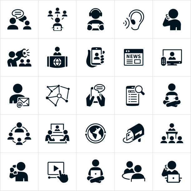 Communications Icons A set of communications icons. The icons include people chatting online, using social media to communicate, a listening ear, person talking on a mobile phone, person talking on a telephone, person with a bullhorn, a news anchor, person using the internet, online news, television, email, texting or SMS, online search, person on a tablet PC, person on a laptop computer, a webinar or web meeting, mail in a mailbox, business meeting, online video and face to face conversation to name just a few. face to face stock illustrations
