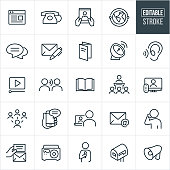 A set of communications icons that include editable strokes or outlines using the EPS vector file. The icons include a webpage, telephone, tablet pc, global communications, chat, letter and pen, brochure, satellite dish, listening ear, video, word of mouth, book, magazine, speech, television, social media, smartphone, laptop pc, email, person talking on phone, not, radio, mailbox and bullhorn to name a few.