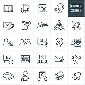 A set of communications icons that include editable strokes or outlines using the EPS vector file. The icons include an open book, hand holding smartphone, radio, listening ear, letter with pen, text on mobile phone, live broadcast, person giving speech to an audience, satellite, person watching video on laptop, word of mouth, television, satellite, online video, online news, video conference, email, social media, chat bubble, person viewing smartphone, tablet pc, mailbox and bullhorn.