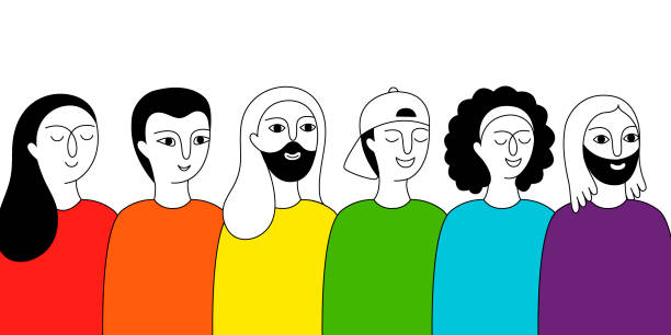 stockillustraties, clipart, cartoons en iconen met lhbt-gemeenschap. een groep mensen in regenboog t-shirts. mensenrechten. - gay demonstration