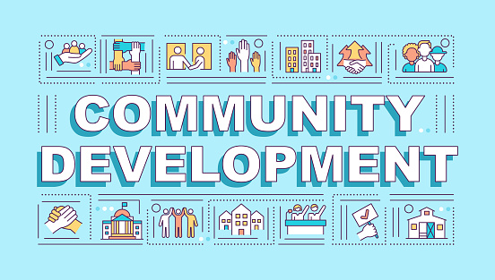 Community development word concepts banner. Society improvement. Infographics with linear icons on blue background. Isolated creative typography. Vector outline color illustration with text