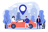 Commuters sharing car in city. People searching vehicle with location pointer. Vector illustration for transport rent, transfer, automobile, travel concept