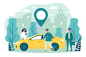 Commuters sharing car in city. People searching vehicle with location pointer. Vector illustration for transport rent, transfer, automobile, travel concept