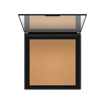 Compact make-up powder isolated on white background, realistic mockup illustration. Makeup product package. Open square cosmetic case with mirror - top view, vector template