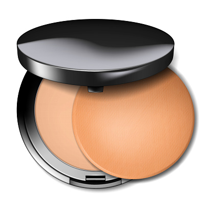 Compact make-up powder open round container with cosmetic sponge, realistic vector illustration. Makeup product packaging top view