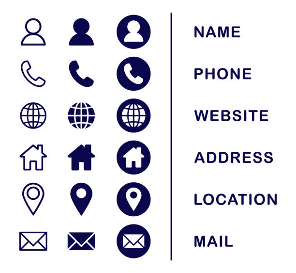 公司連接名片圖示集。電話，名稱，網站，位址，位置和郵件標誌符號符號包。向量插圖圖像。隔離在白色背景上。聯繫設計範本。 - icons 幅插畫檔、美工圖案、卡通及圖標
