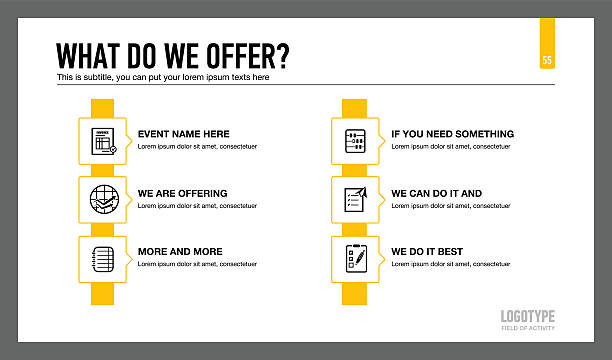 Company Services Presentation Slide Editable presentation slide template representing company services with icons, description and sample text building feature stock illustrations
