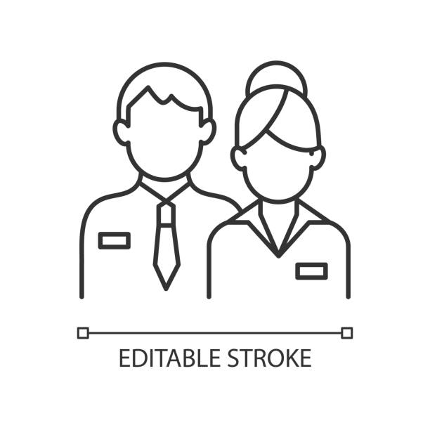 Company staff linear icon Company staff linear icon. Man and woman in uniform. Official business representatives. Thin line customizable illustration. Contour symbol. Vector isolated outline drawing. Editable stroke entrepreneur symbols stock illustrations