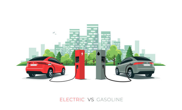ilustrações de stock, clip art, desenhos animados e ícones de comparing electric car versus gasoline car with city skyline isolated on white background - car charger