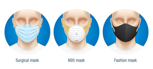 Comparison of different type face masks. Comparison of different type face masks. Vector set of N95, surgical and fashion medical masks. Range of virus protection masks. n95 mask stock illustrations